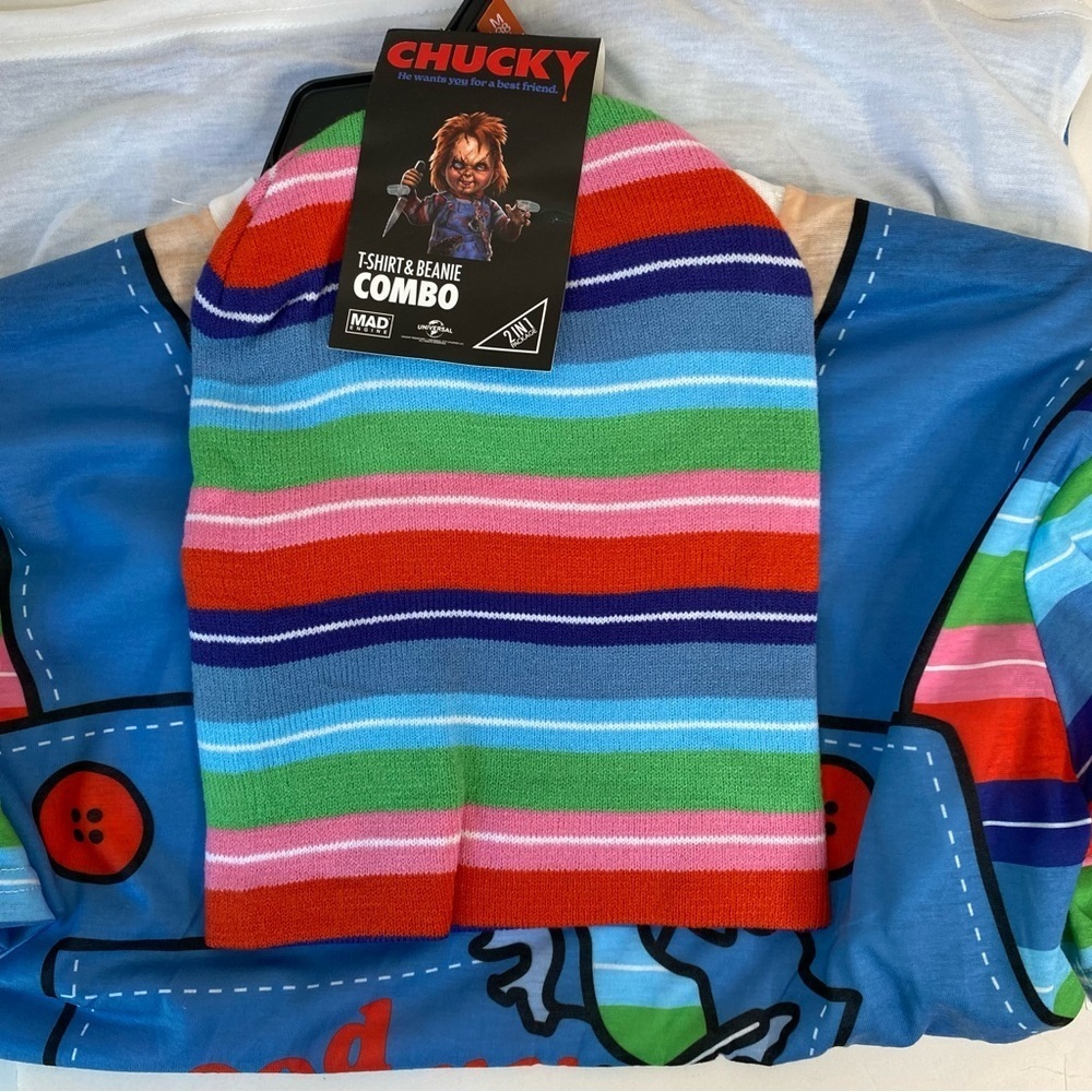 MAD Engine Chucky T-Shirt & Striped Beanie Combo 2pc Large - Picture 3 of 5